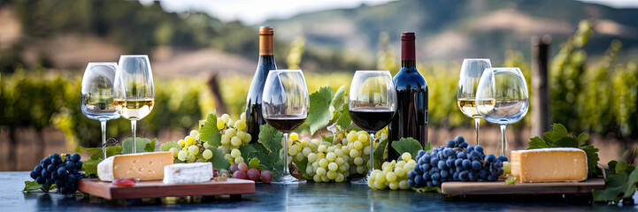 Wine Tasting in Vineyard Red White Wine Cheese Grapes