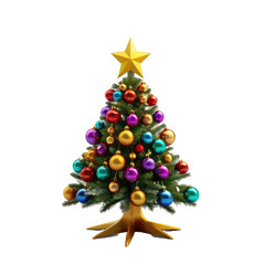 christmas tree decorated with christmas decorations, 3D cartoon-style Christmas tree adorned with colorful ornaments and topped with a bright yellow star  Isolated on transparent white background