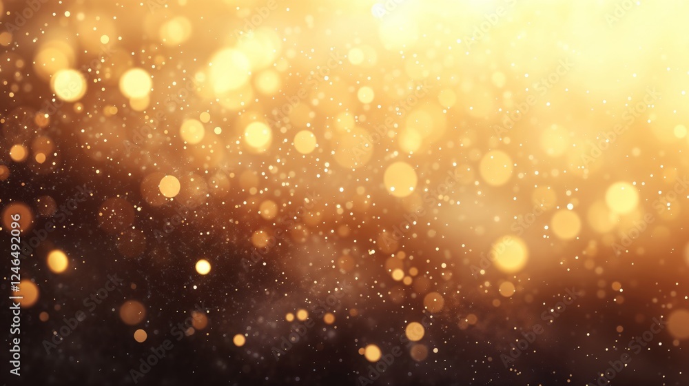 Poster golden abstract background with glowing light circles of various sizes, creating a sparkling and dre
