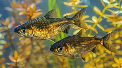Fototapeta premium Two vibrant fish swimming gracefully among colorful aquatic plants in a serene underwater habitat