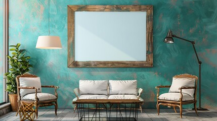 A distressed wood frame on a teal wall, paired with vintage furniture.  HD 8K mockup wallpaper Photographic Image