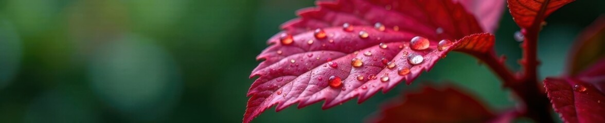Fototapeta premium Tiny raindrops clinging to a crimson red leaf, flower, leaf, nature