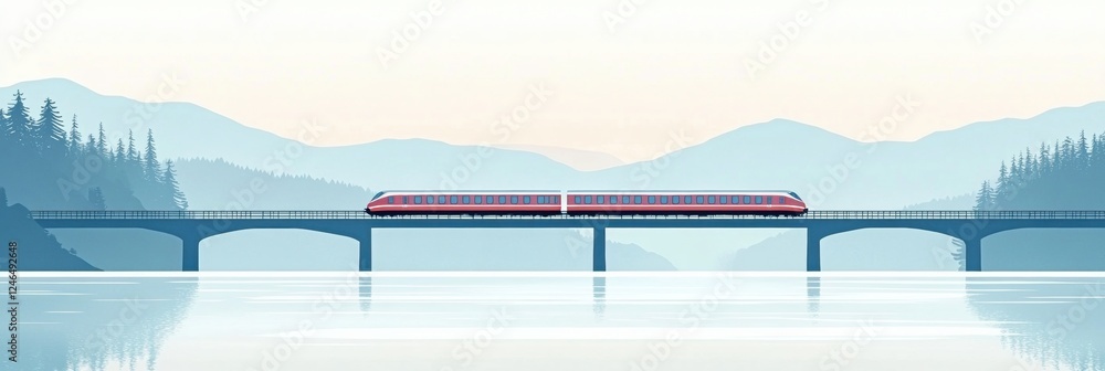 Poster train crosses a tranquil bridge over a silent river in a mountainous landscape during dawn. generati