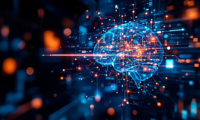 Neural interface implant visual with a human brain connected to a transparent AI-powered HUD (heads-up display), showcasing advanced technology, brain-computer interface, and digital innovation. 