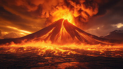 Fiery Volcanic Eruption Dramatic Lava Flow Intense Nature Scene Powerful Volcano Image Amazing fiery