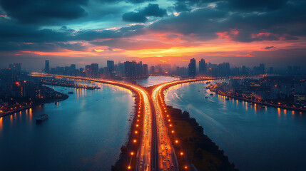 Naklejka premium Stunning Cityscape Highway Sunset Aerial View Night Lights Cityscape sky road blue dark urban river 