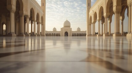 Fototapeta premium Mosque courtyard sunrise, architectural detail, peaceful morning, travel destination