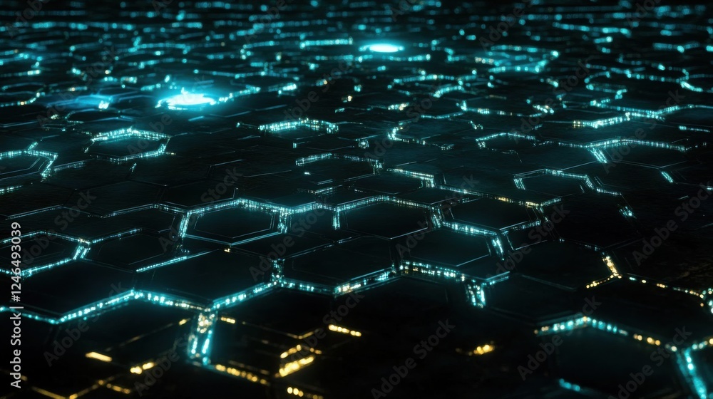 Aufkleber glowing hexagonal patterns on digital surface with blue and black tones