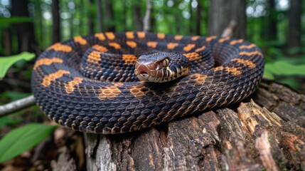 Fototapeta premium Close-up of a vibrant snake resting on a tree stump in a lush forest, surrounded by greenery