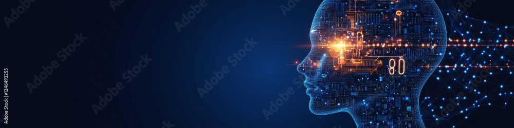 Poster human head formed of lines and light spots. artificial intelligence. neural networks.