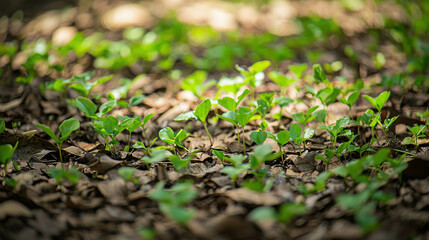Fresh Green Leaves Sprouting Through Ground Cover in Spring Sunlight Beneath Tree Canopy