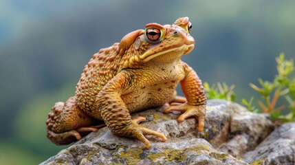 Obraz premium Colorful toad perched on a rocky surface, surrounded by lush greenery and blurred background