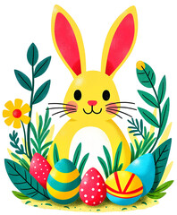 Happy Bunny surrounded by Easter eggs isolated on white background. Vibrant and cheerful Easter-themed digital illustration featuring a bright yellow bunny with large ears and a friendly smile.