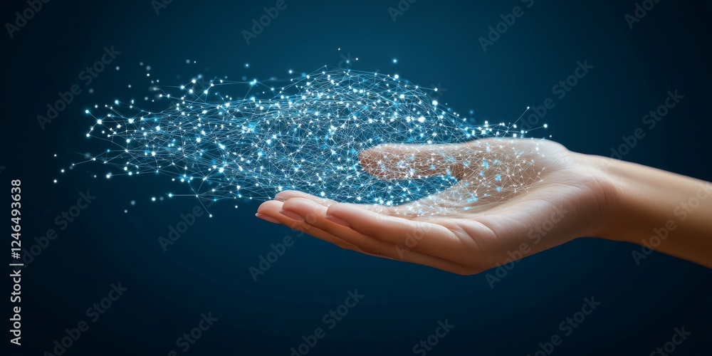 Poster a hand gently interacting with glowing network of connections in abstract technological display.