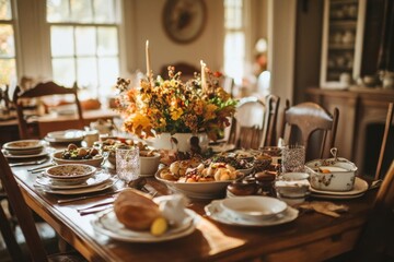 Fototapeta premium rustic farmhouse table overflowing with autumn harvest feast, golden lighting, warm colors, vintage dishes, intimate gathering atmosphere