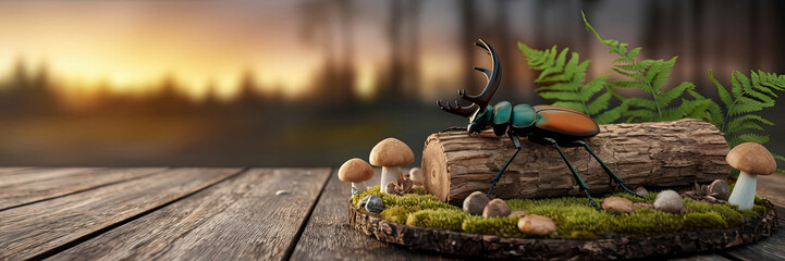 Majestic Stag Beetle on Wooden Log with Mushrooms and Moss in Forest Setting at Sunset