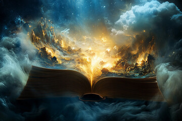 Enchanted book releasing magical castle at twilight in a mystical forest setting