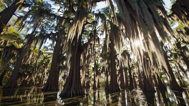 Exploring a serene cypress swamp with hanging Spanish moss under bright sunlight