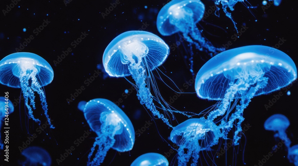 Poster glowing jellyfish in deep ocean waters with ethereal light display