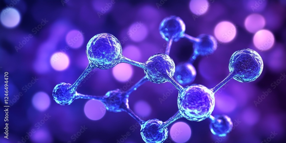Poster abstract background with interconnected nodes, lines, bokeh circles in blue, purple spectrum