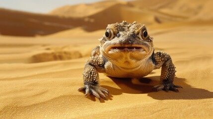 Close-up of a lizard on golden sand dunes under a bright sky in a desert landscape