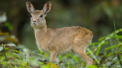 A young deer stands gracefully among lush green foliage in a vibrant forest setting