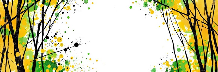 Abstract Art Print Yellow Green and Black Tree Branches with Splashes of Color