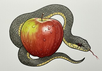 snake with apple fruit ink and watercolor drawing