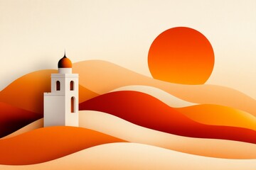 A clean, flat design of a watchtower from the Great Wall, with geometric shapes and a soft gradient background