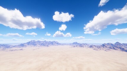 Vast Desert Landscape Under a Bright Blue Sky with Mountains