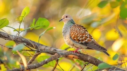 Colorful bird perched on a branch amidst lush foliage, with sunlight filtering through leaves