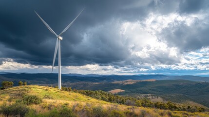 Majestic Wind Turbine Against Dramatic Cloudy Sky Landscape