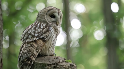 Fototapeta premium Majestic owl perched on a tree stump in a lush green forest, surrounded by soft bokeh lights