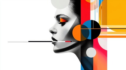 A woman's face in profile, with a red triangle accent on her eye, is set against a vibrant geometric background.