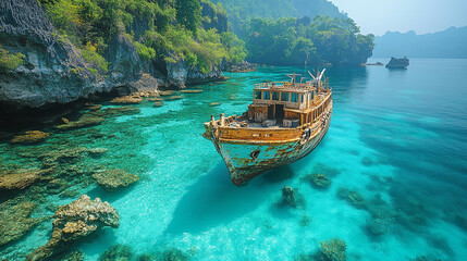 Obraz premium Tropical Island Shipwreck Turquoise Water Scenic View Stunning Ocean Landscape Photography Sun Sky 