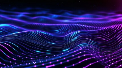 A high-tech abstract background in shades of blue and purple. Background of dynamic particles and waves flowing in technology motion.