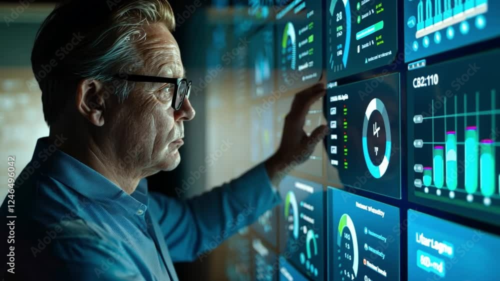 Poster business professional interacting with digital dashboard displaying analytics and data in a modern o
