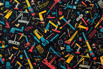 Repeating pattern of cranes and tools, bright colors on a dark background