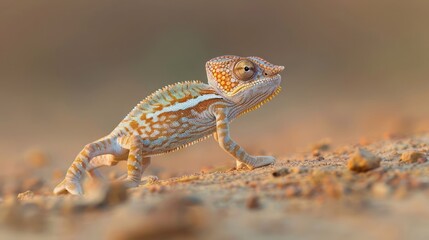Fototapeta premium A vibrant chameleon walking on a sandy surface during sunset, showcasing its unique colors and texture
