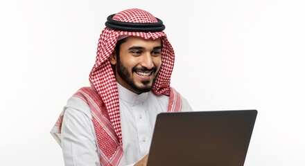 Smart and safe electronic marketing through social media, browsing the Internet and working remotely via a laptop, a close-up portrait of a smiling Saudi Gulf Arab young man wearing a traditional thob