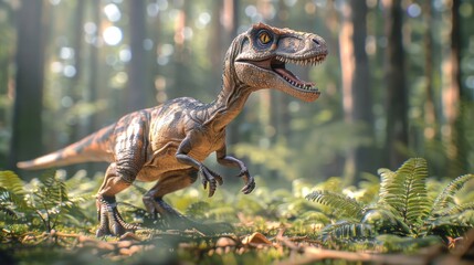 Obraz premium A realistic dinosaur running through a lush forest, surrounded by ferns and dappled sunlight