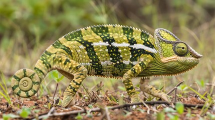 Obraz premium Colorful chameleon blending into its natural habitat, showcasing vibrant patterns and textures