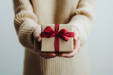 LOVE,Heartfelt gift, Woman offering a present, conveying gratitude,Present with a red ribbon, Gift being handed over, for celebrations and surprises
