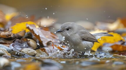 Obraz premium Small bird bathing in a stream surrounded by autumn leaves and pebbles, creating splashes