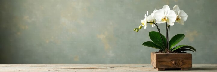 White orchid with green leaves in wooden planter, botanicals, wood, orchids