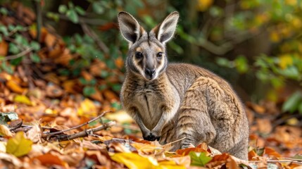 A kangaroo pauses amidst vibrant autumn leaves in a serene forest setting, showcasing nature's beauty