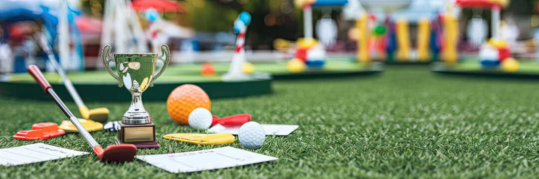 Mini Golf Tournament Trophy Putters Golf Balls on Green Turf with Playground Background