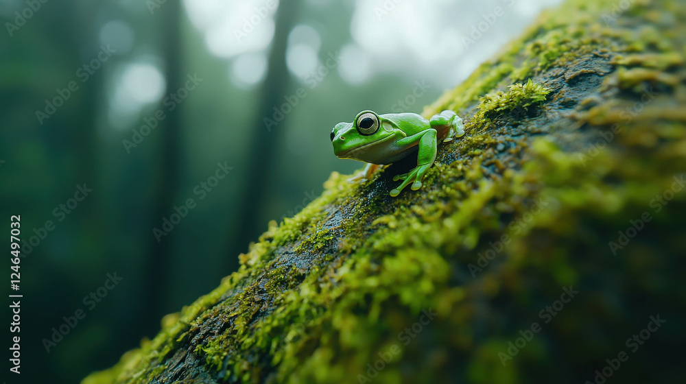 Poster macro shot of a small green tree frog clinging to a mossy branch in a misty forest environment