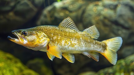 Vibrant freshwater fish swimming gracefully in a lush aquatic environment with rocks
