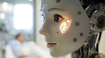 A medium closeup of a robotic nurses face featuring an expressive LED display that simulates human emotions conveying empathy as it engages with a patient. Soft reflections in the robotic